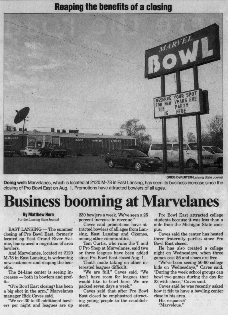 Marvelanes (Marvel Bowl, Pins & Pints) - November 2001 Article Mentioning Pro-Bowl East Closing